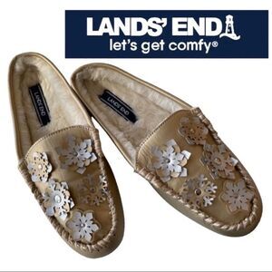 NWOB Lands' End Snowflake Fur Lined Faux Leather Moccasin Slipper, Size 8